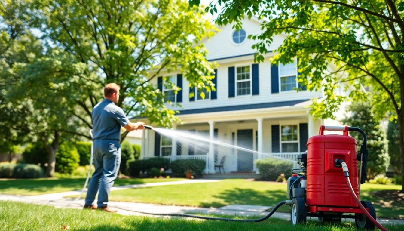 Technician performing house washing to clean a home's exterior surfaces effectively.