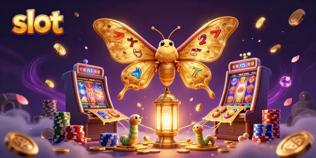 Slot yang menarik ditampilkan melalui ilustrasi 3D dengan simbol-simbol permainan dan mesin slot.
