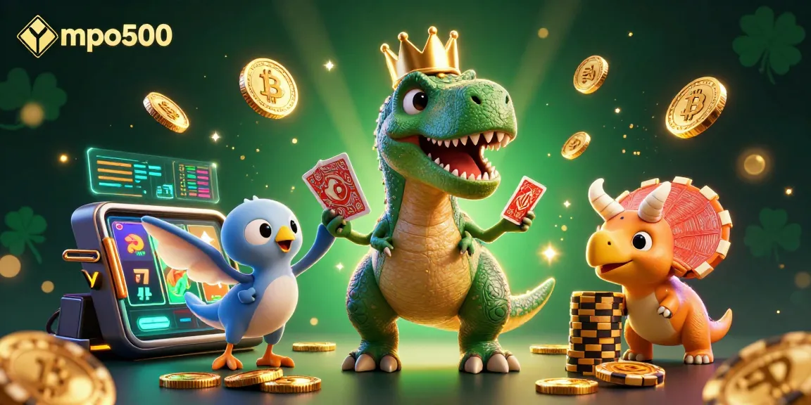 Engage with mpo500 through a vibrant casino scene featuring a T-Rex shuffling cards and winning chips.