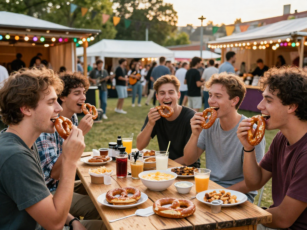 Indulging in the best pretzel with cheese dip near me at a lively food festival.