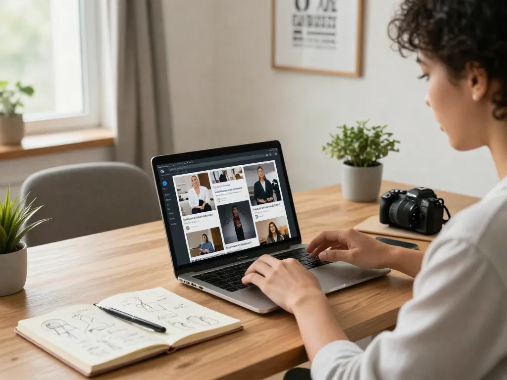 Young professional browsing social media to see post in a cozy home office with creative elements.