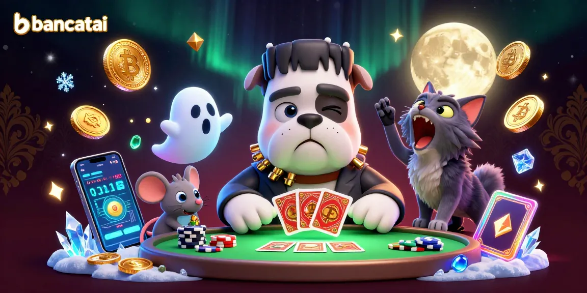 bancatai showcases a thrilling scene with a Frankenstein bulldog dealer and floating ghost mouse amidst vibrant crypto elements.