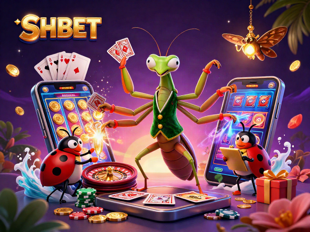 Engage with SHBET's dynamic casino scene featuring a mantis card sharp and vibrant game elements.