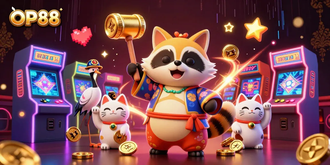 Engage in winning strategies with OP88's vibrant 3D casino experience featuring playful characters and exciting game elements.