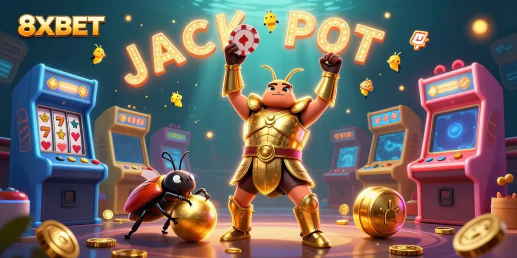 Experience a victory with 8XBET as our hero beetle lifts a poker chip surrounded by dazzling game elements.