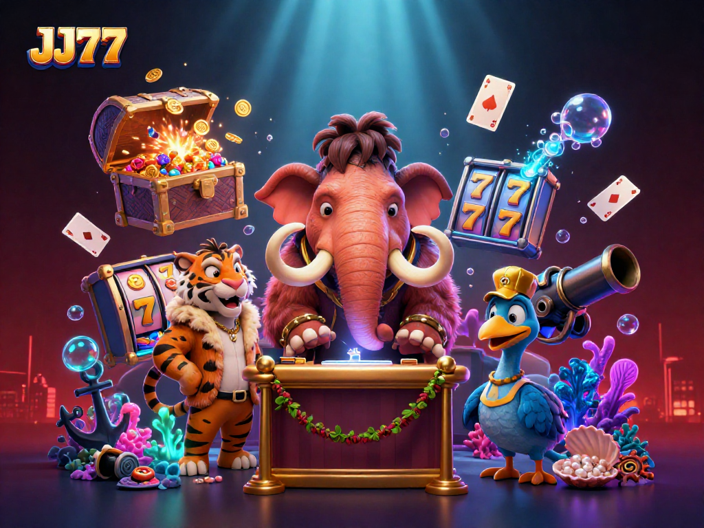Experience the vibrant casino atmosphere of JJ77 with a playful mammoth bouncer and colorful gaming elements.