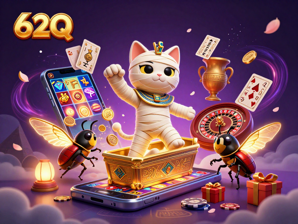O 62Q traz uma cena animada de um gato mumificado em um cassino egípcio.