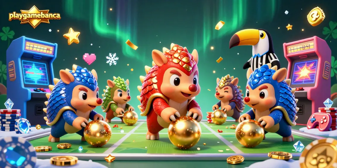 Join the excitement at playgamebanca with pangolins bowling through poker chips and vibrant game elements.