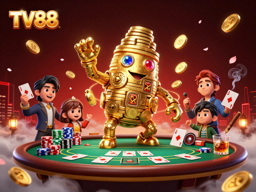 Win at TV88 with an ancient golden golem amidst dynamic poker and casino elements.