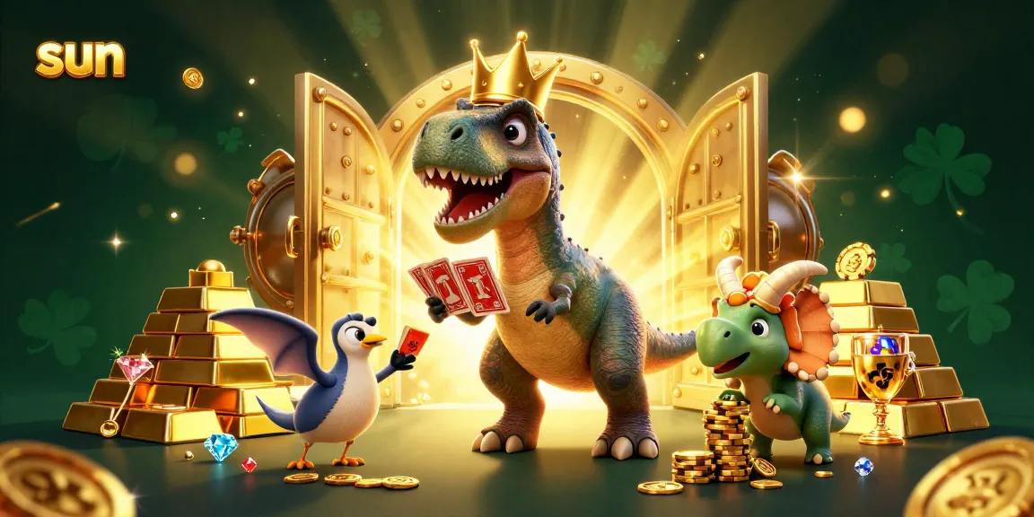 Experience the excitement of sun-themed casino adventures with a playful dinosaur gambling scene.