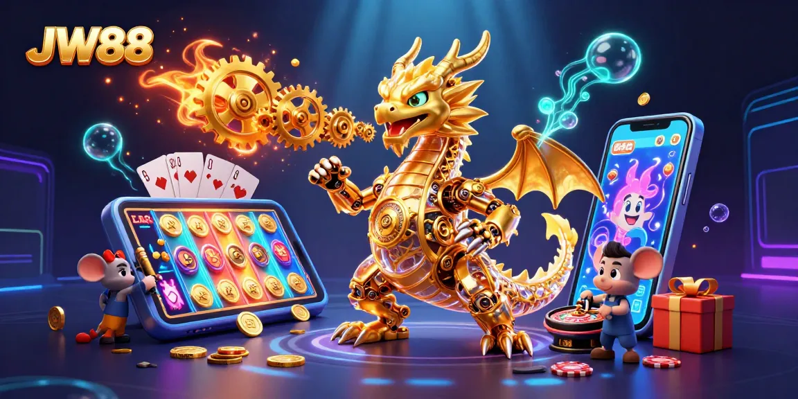 Experience the thrill of JW88's dynamic gaming world with a golden dragon and exciting casino elements.