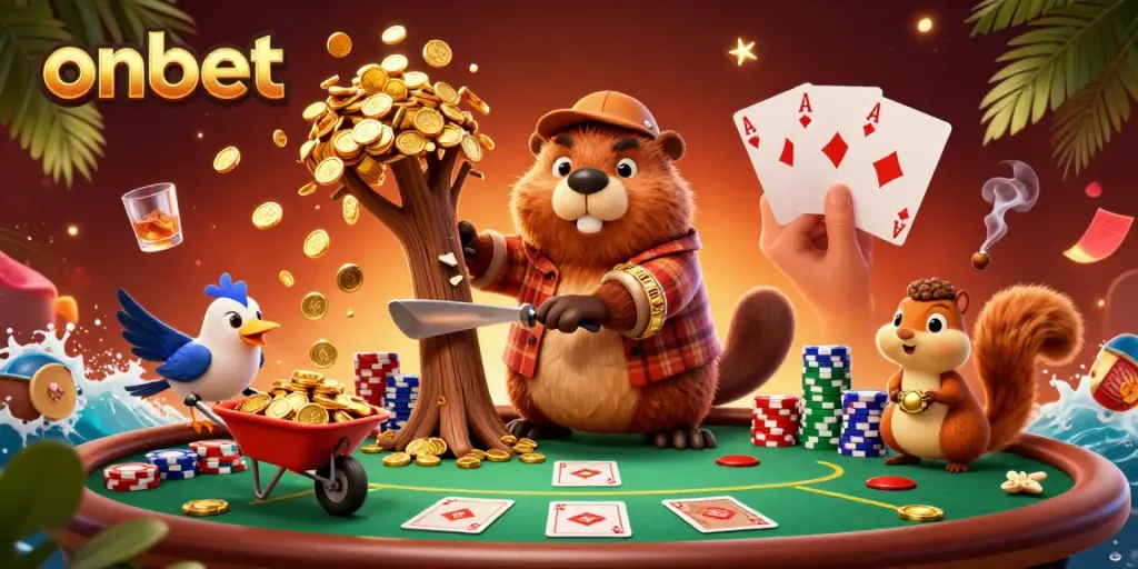 Engage with onbet's vibrant casino scene featuring a beaver, bird, and squirrel in a gold coin rain.