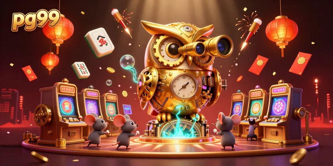 Engage with pg99's vibrant 3D casino scene featuring a golden owl and slot machines amidst festive elements.