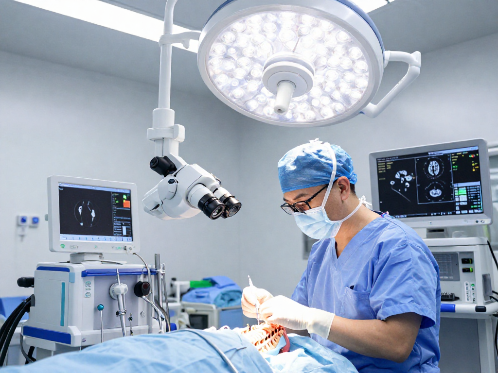 Bel fıtığı ameliyatı showcasing a surgeon performing a minimally invasive spinal surgery in a modern surgical room.