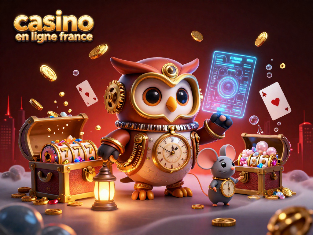 Illustration d'un casino en ligne France avec une chouette voyageuse, des machines à sous et des trésors