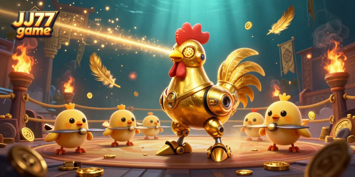 Engage with the exciting JJ77 game featuring a golden rooster robot and baby chick drones in a vibrant casino scene.