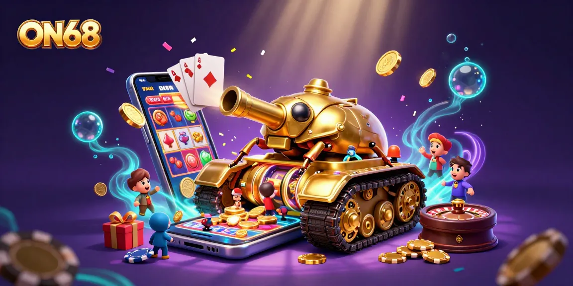 Engage with ON68's vibrant 3D casino experience featuring a miniature casino in a golden tank filled with game elements.