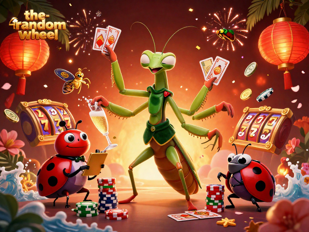 Engage with the-random-wheel in a vibrant casino scene featuring a card sharp mantis.