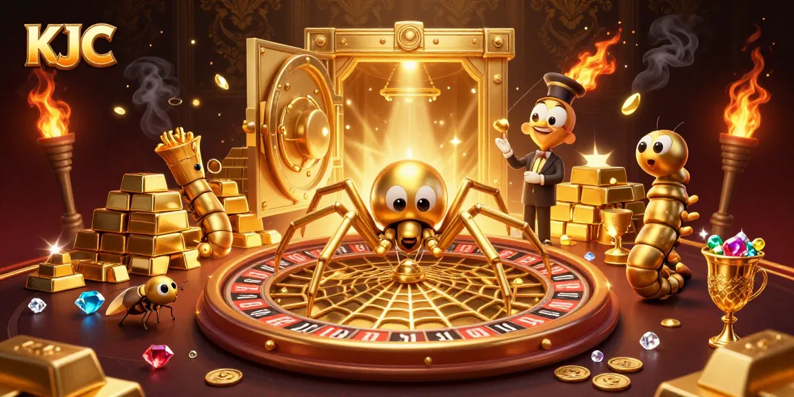 KJC spins the roulette wheel in a vibrant online casino scene where a fly nervously bets amid riches.
