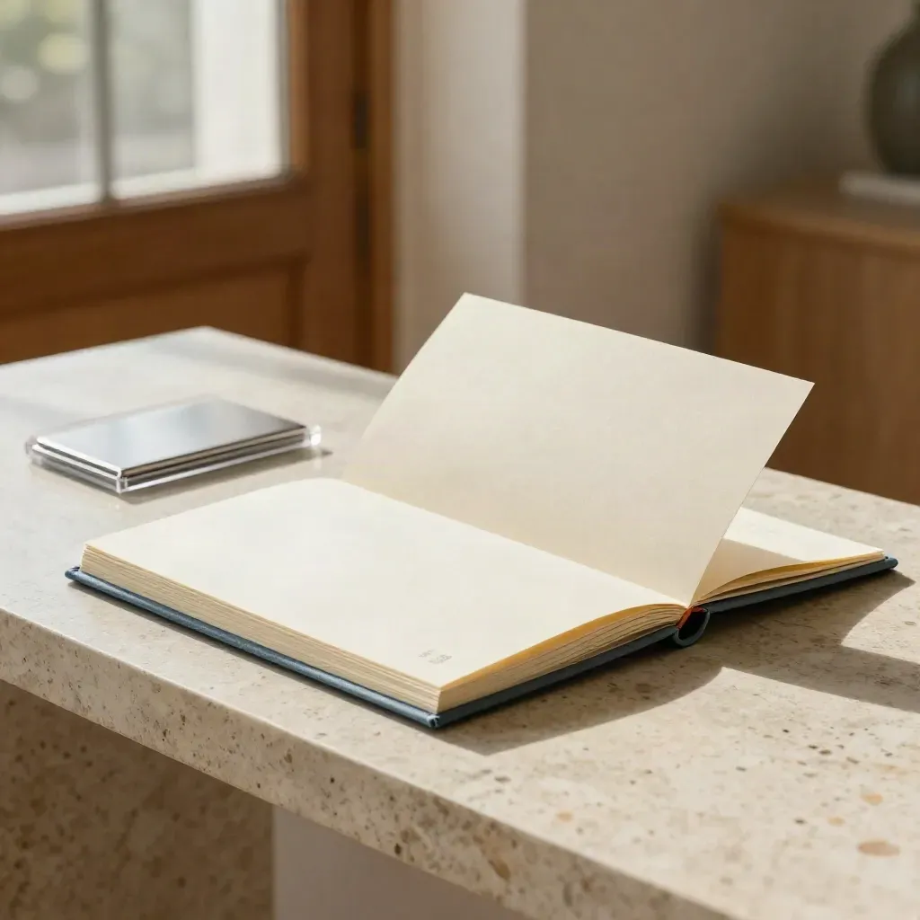 Biography page package on a travertine console in soft morning light