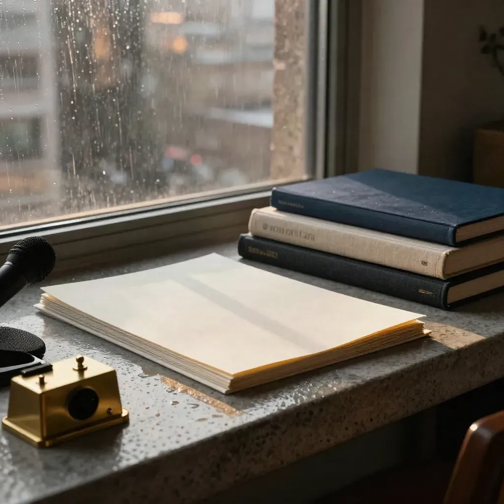 Rain-lit studio corner with folios, books, microphone, brass paperweight and city glow.