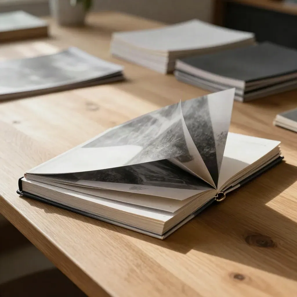 Portfolio sample booklets and a sample deck lifted by breeze on a pale wood table.