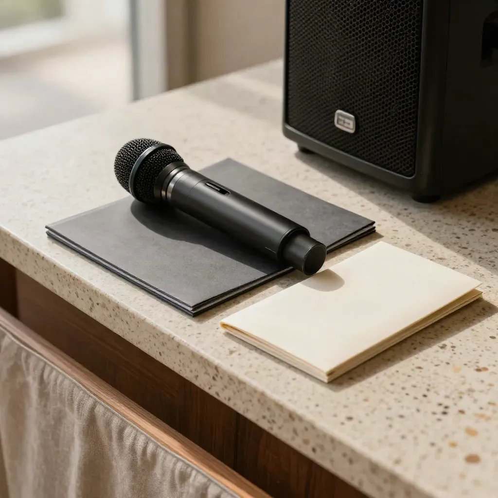 Microphone, presentation folder, one-sheet sleeve and clicker case on a travertine shelf