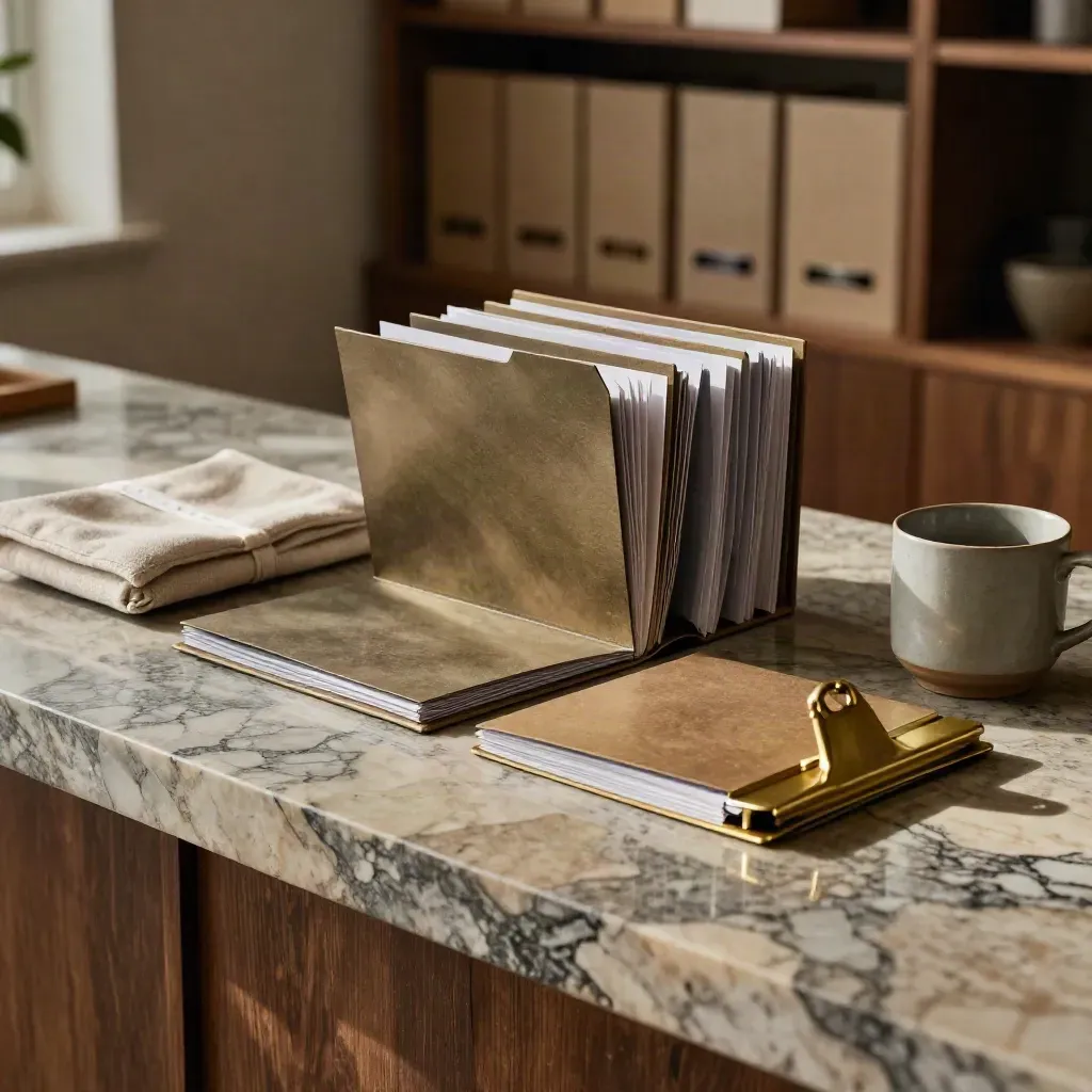 Consulting offer folders and a proposal sleeve on marble beside a ceramic cup in a quiet studio foyer.