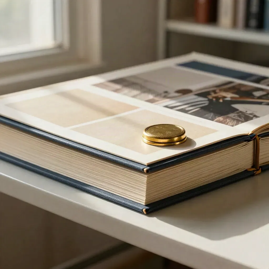 Extreme close-up of a case-study dossier with tabs, proof pages and brass seal in hazy studio