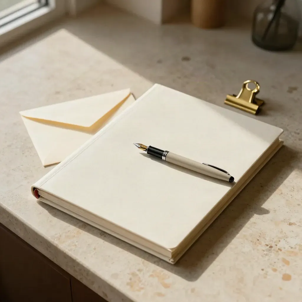 Top-down resume packet on stone with folio, envelope, pen, and brass clip in warm daylight.