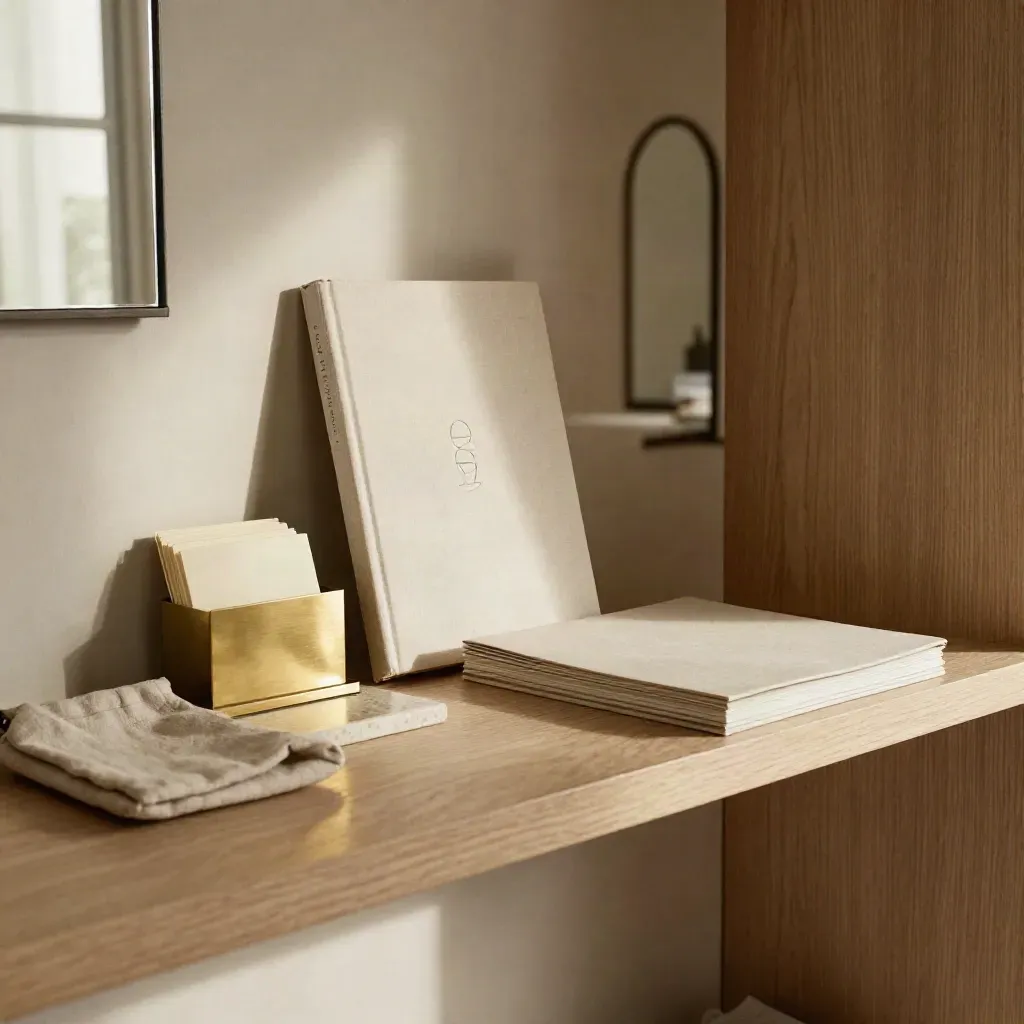 Hardcover bio booklet, card holder, and stacked folder on a bright foyer shelf in warm morning light.