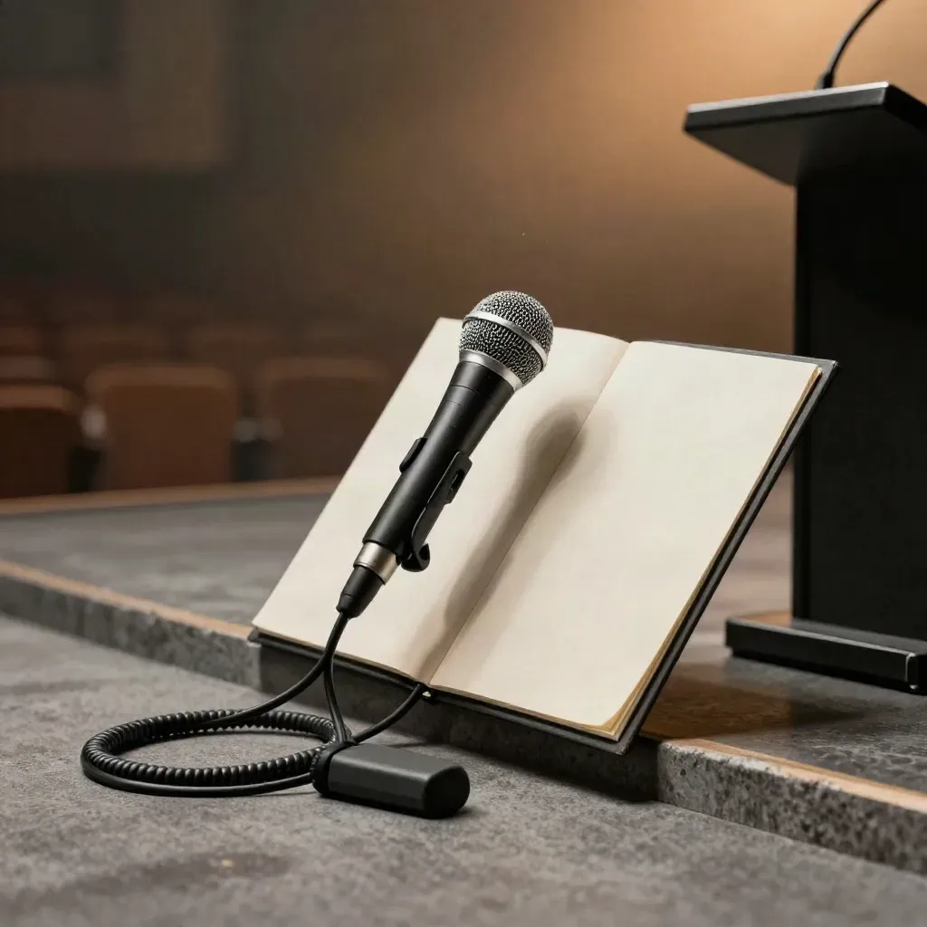 Speaker kit with microphone, clicker, and folded folder beside a podium edge.