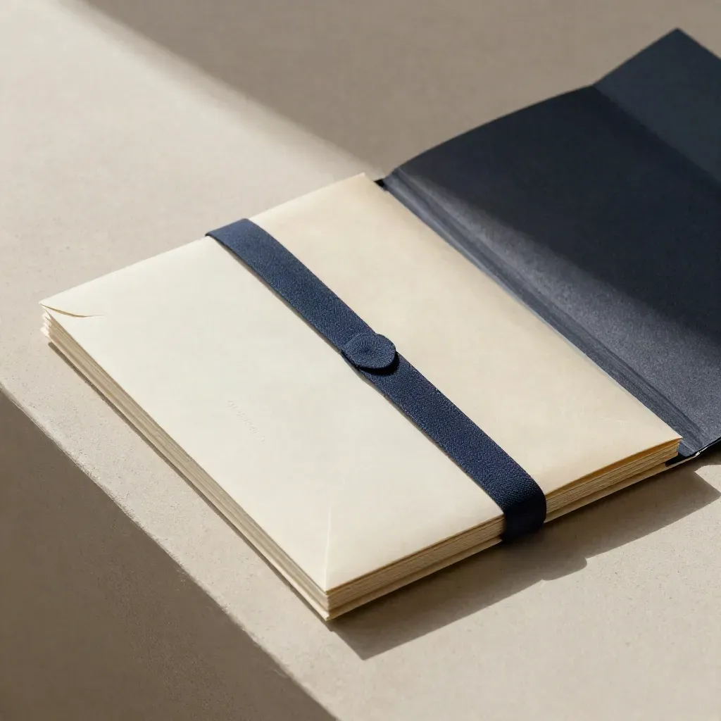 Top-down résumé packet with envelope and embossed papers on a pale ledge