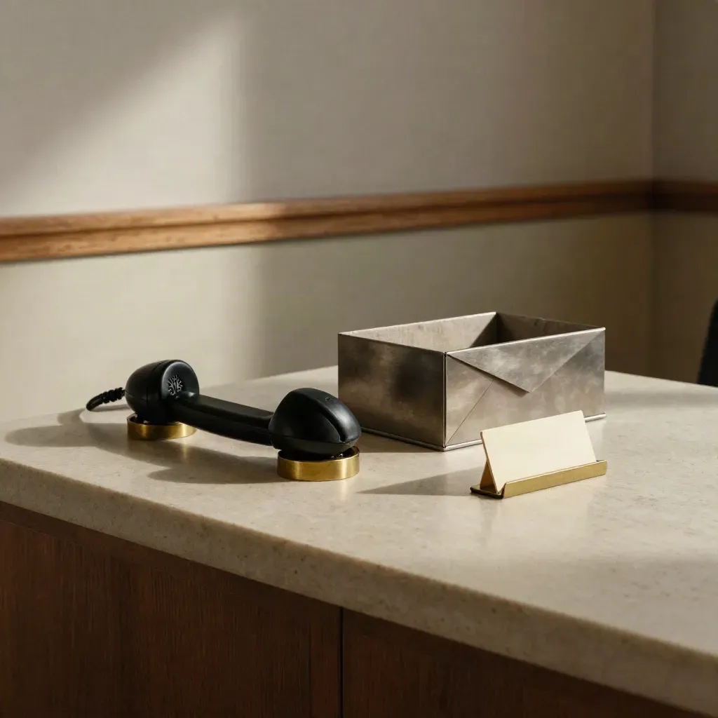 Minimalist advisor contact station with handset cradle, envelope box and card holder on a stone ledge.