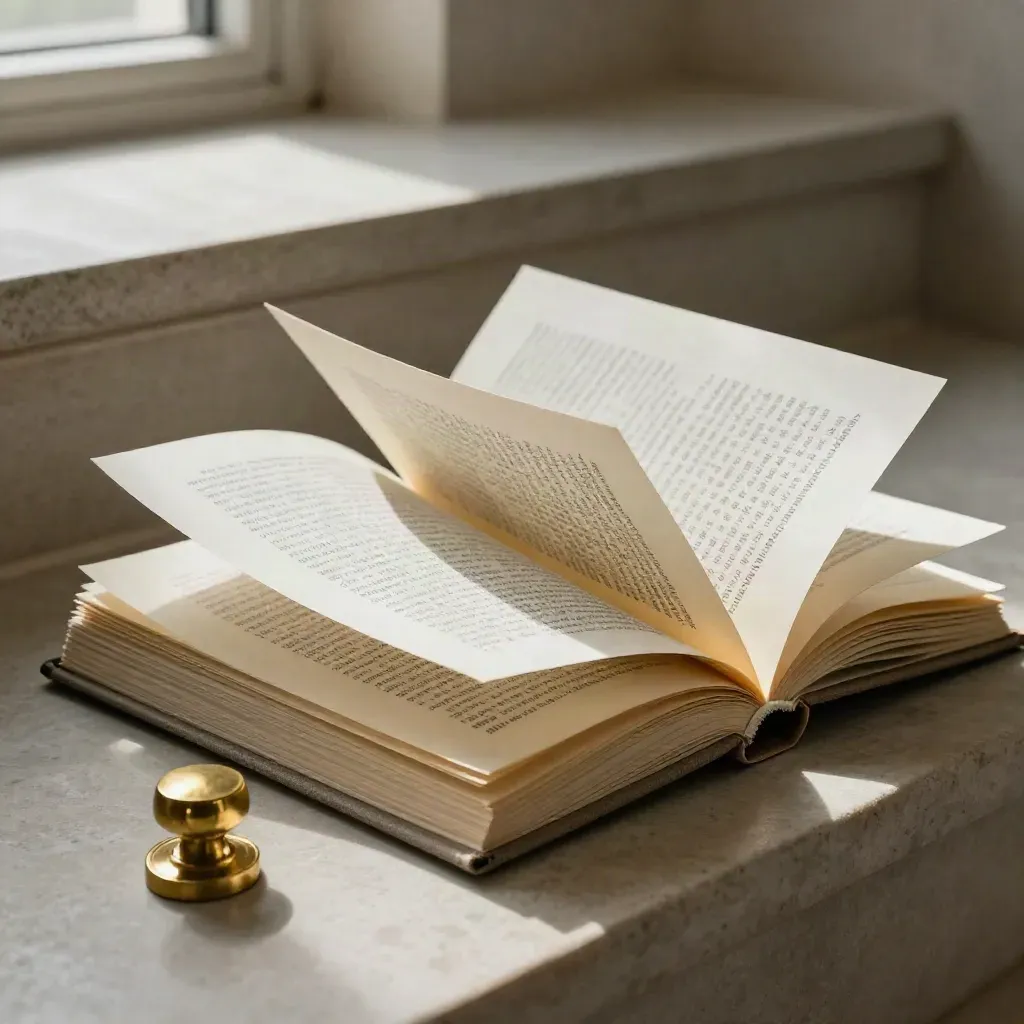 Open proof booklets with brass seal on a limestone step, pages lifting in soft light.