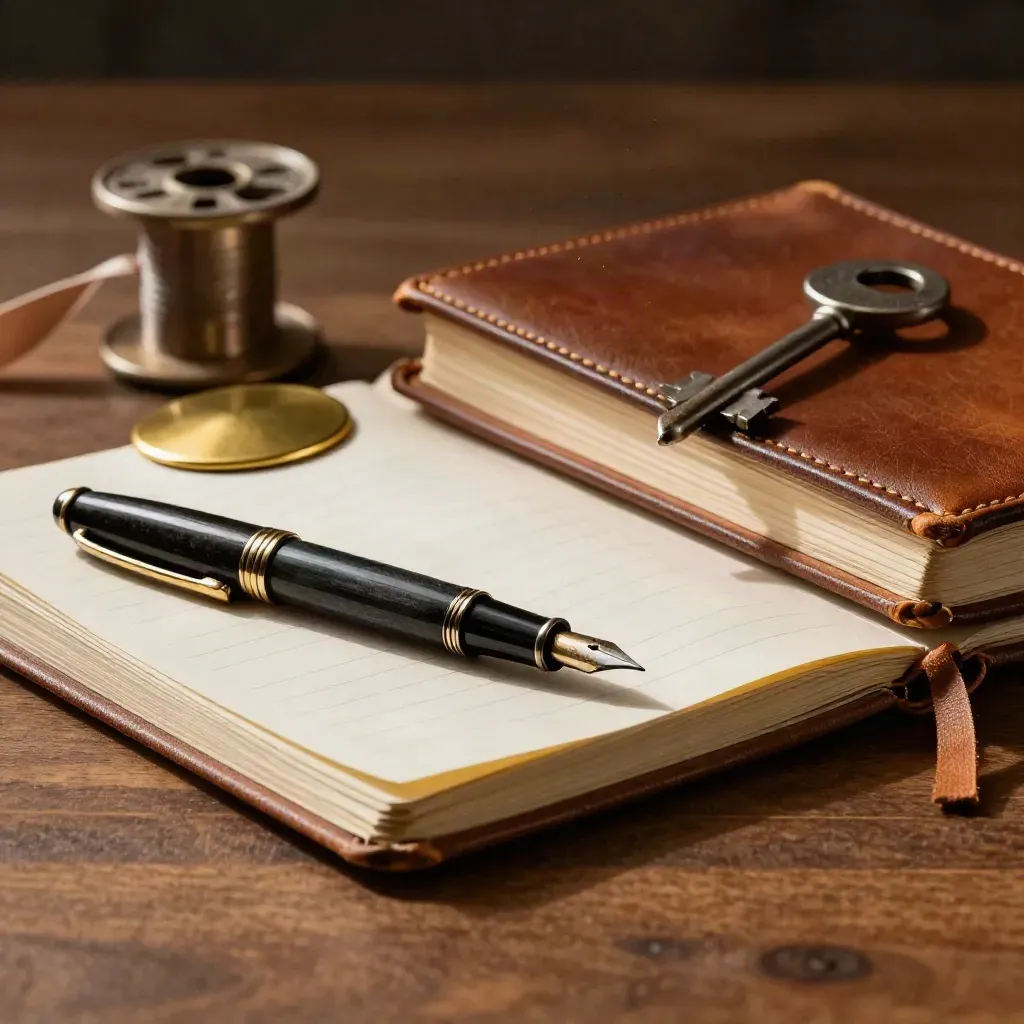 Dramatic still life of a fountain pen, notebook, brass blotter, ribbon spool, and book on walnut.