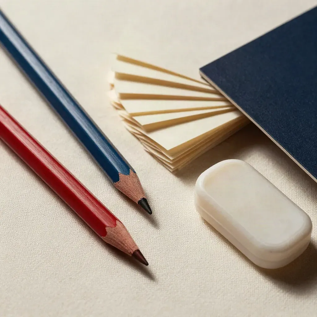 Macro overhead of pencils, tabs, eraser and correction tape on ivory linen