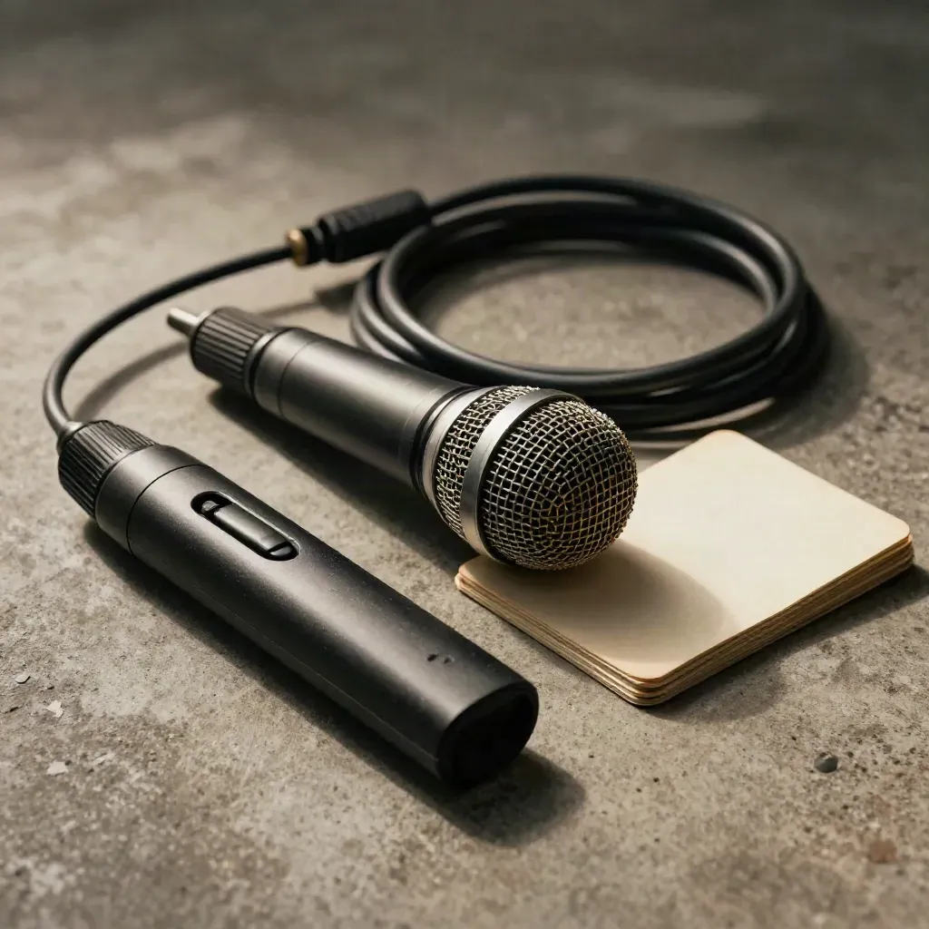 Stage-ready clicker, lav mic capsule, coiled cable, and cue cards on concrete
