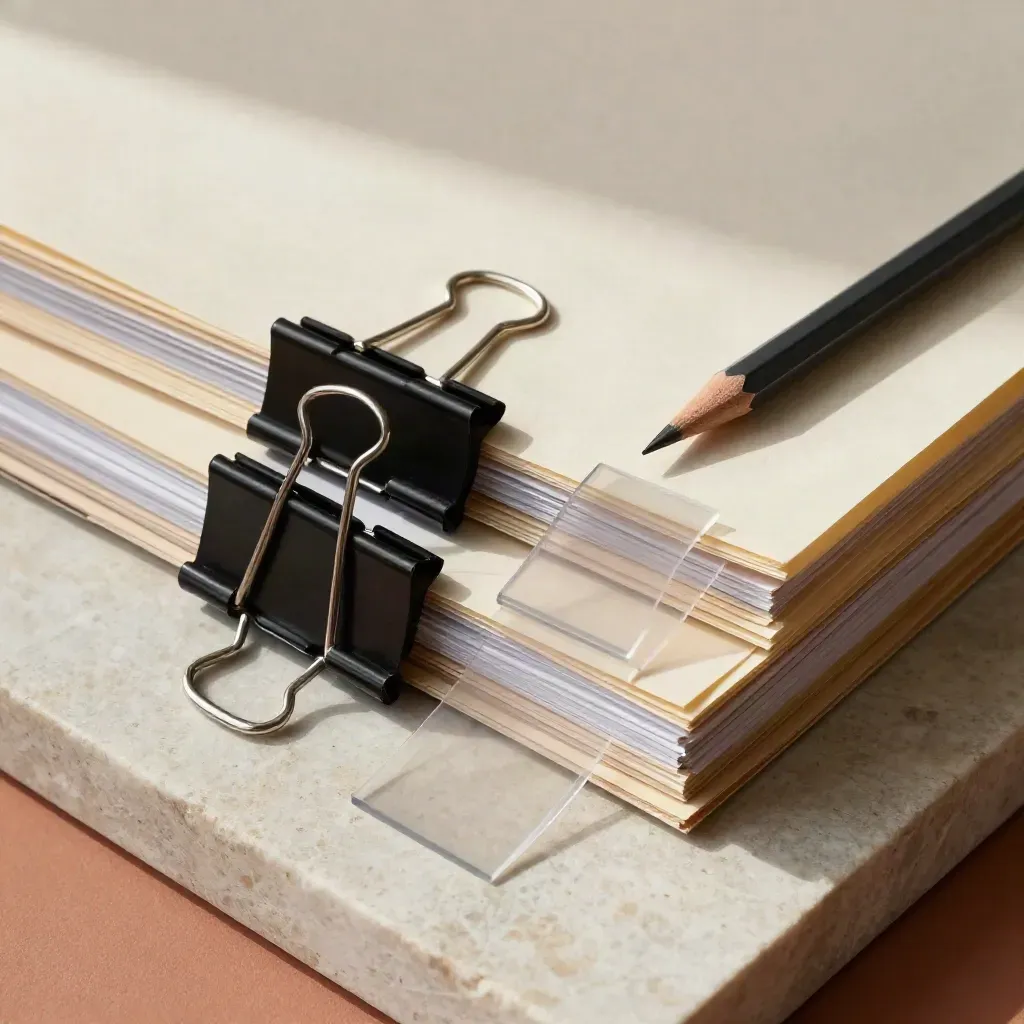 Binder clips, acetate dividers and archival folder on stone, editorial still life