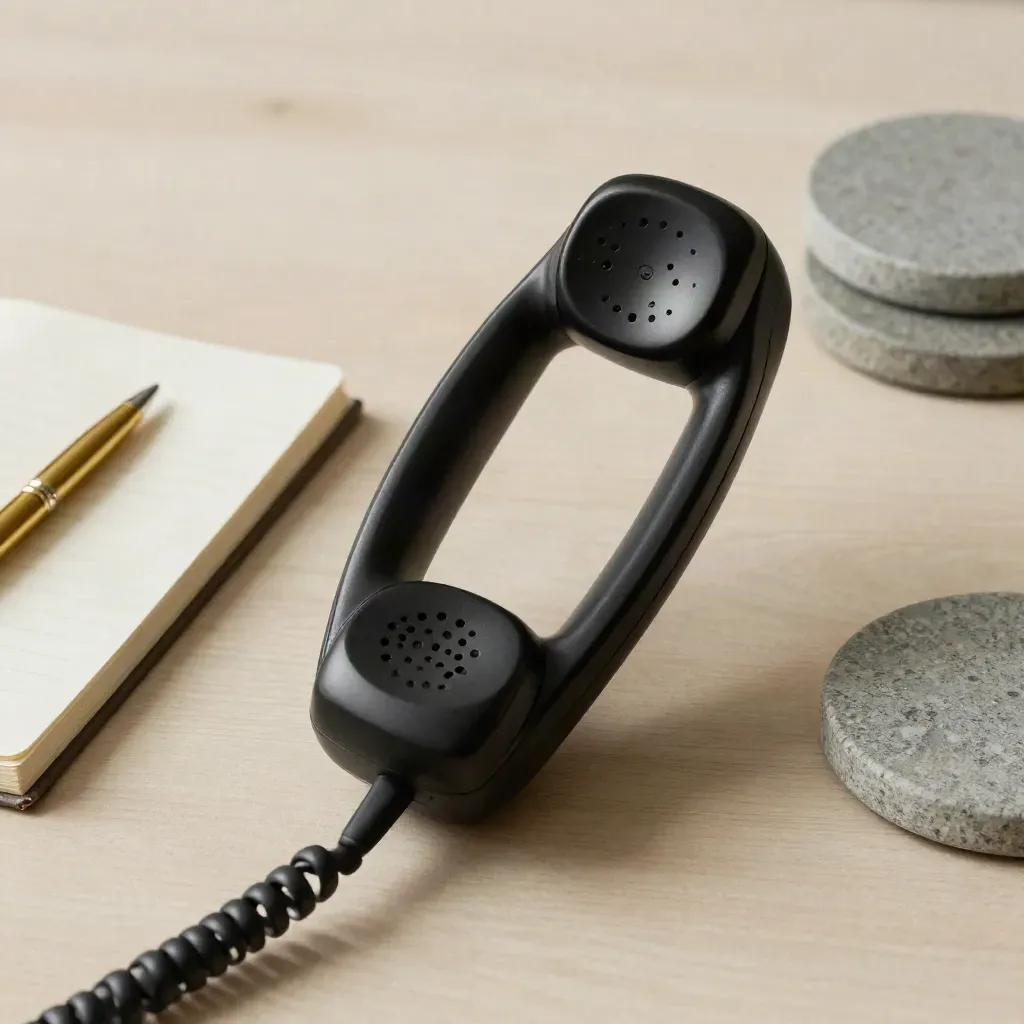 Black handset with cream notebook, brass pen and stacked stone coasters on pale wood