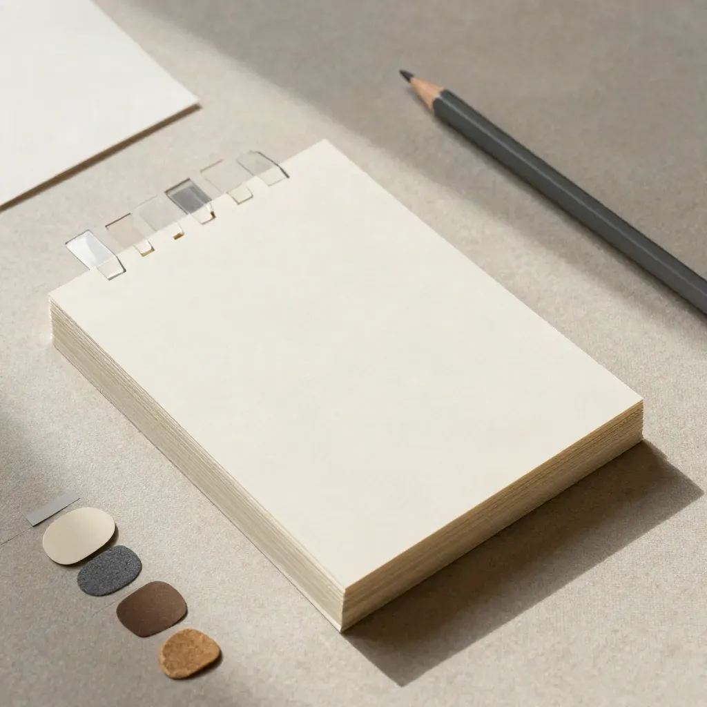 Overhead flatlay of planning cards, tabs, color chips and pencil on linen board.