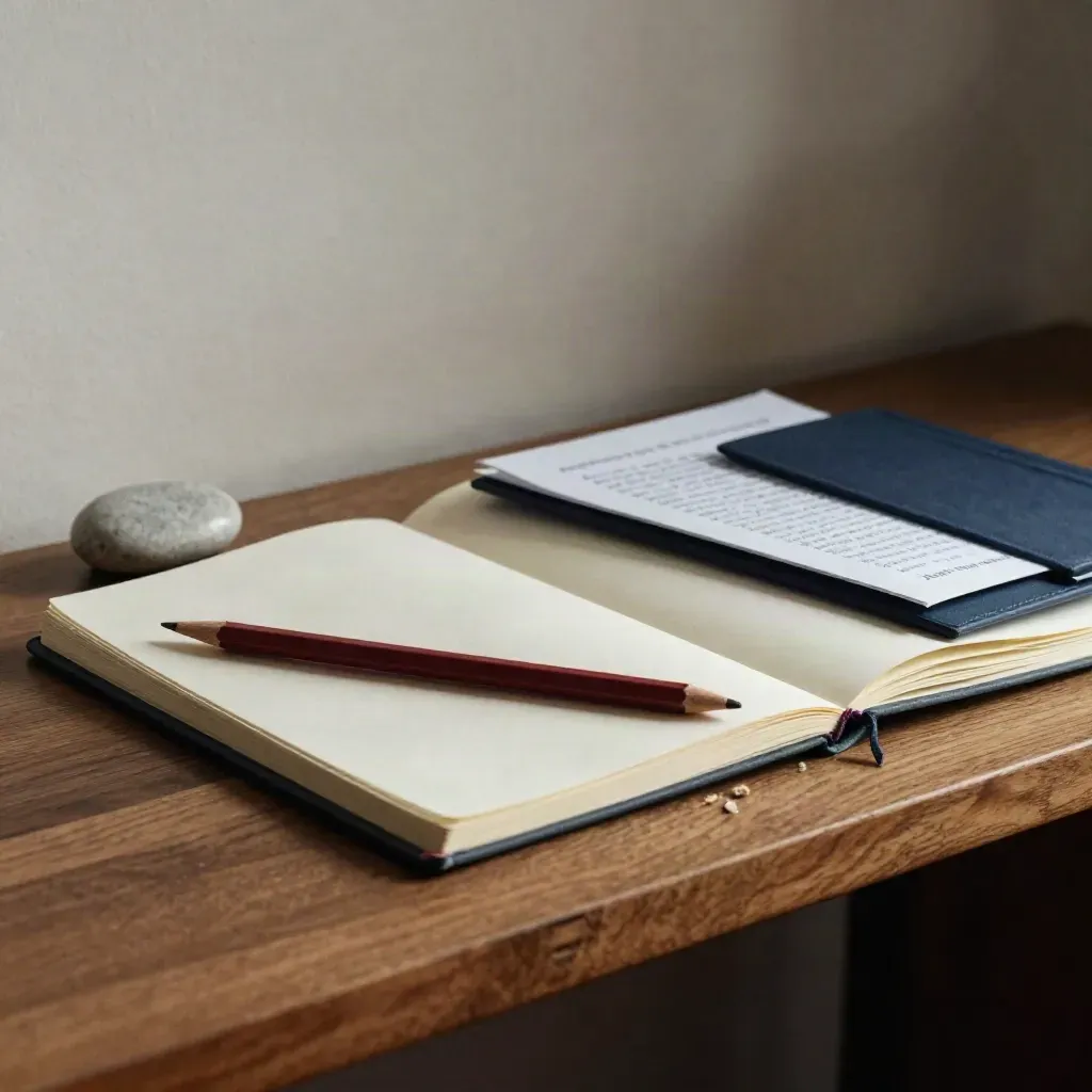 Open notebook, pencil, paperweight and draft packet on a walnut shelf in soft light.