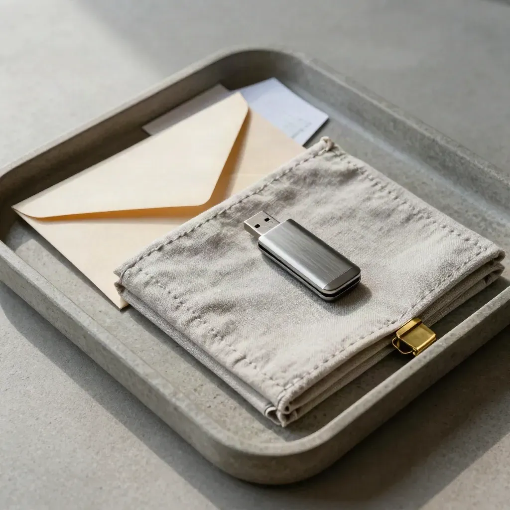 Overhead courier tray with envelope, linen folio, USB drive and brass clip in soft daylight.