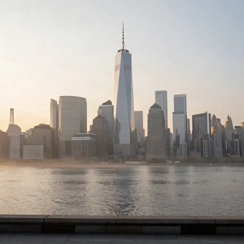 Hudson rooftop view of Lower Manhattan and One World Trade emerging through sunrise fog