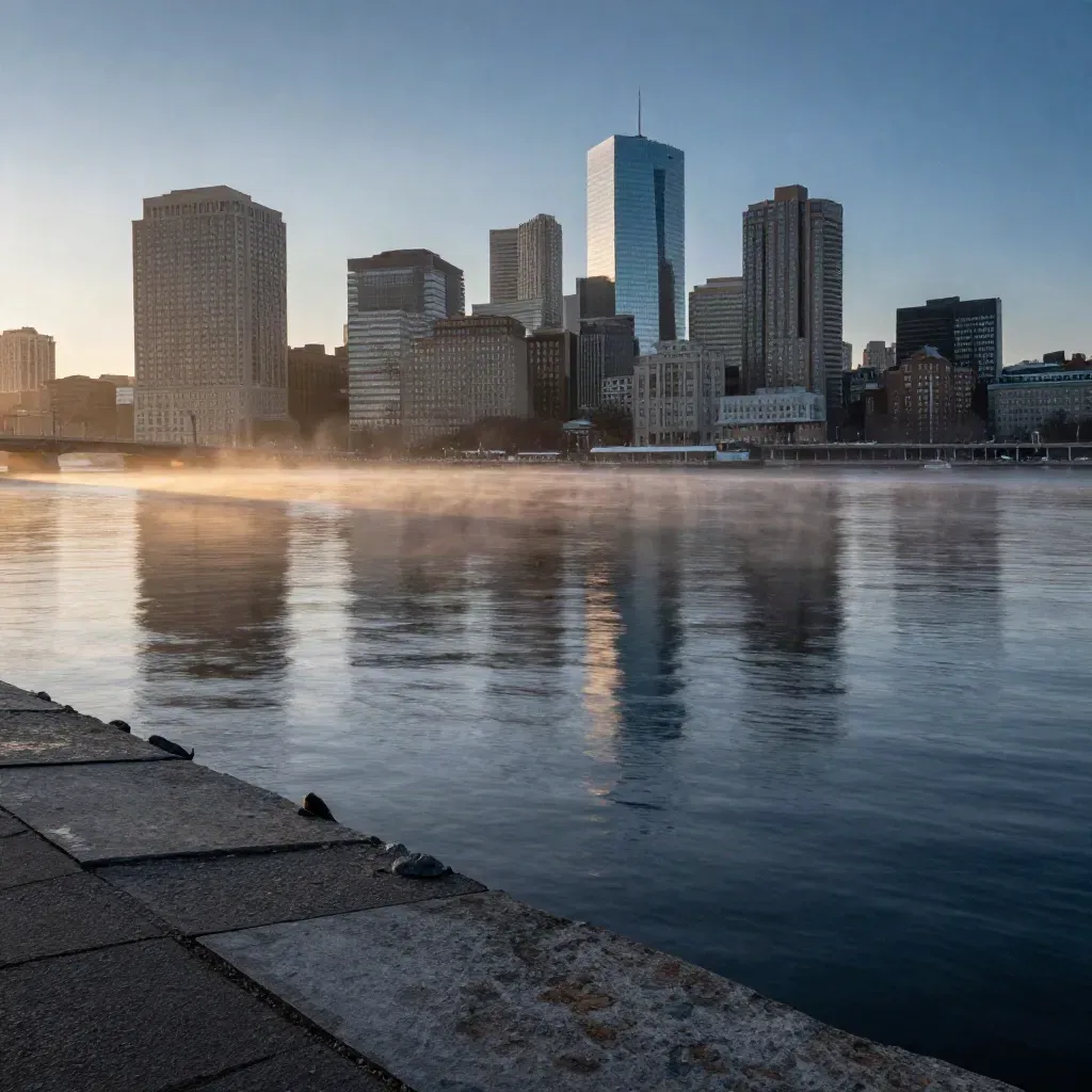 Boston Back Bay skyline over the Charles River in golden dawn haze, calm water foreground.