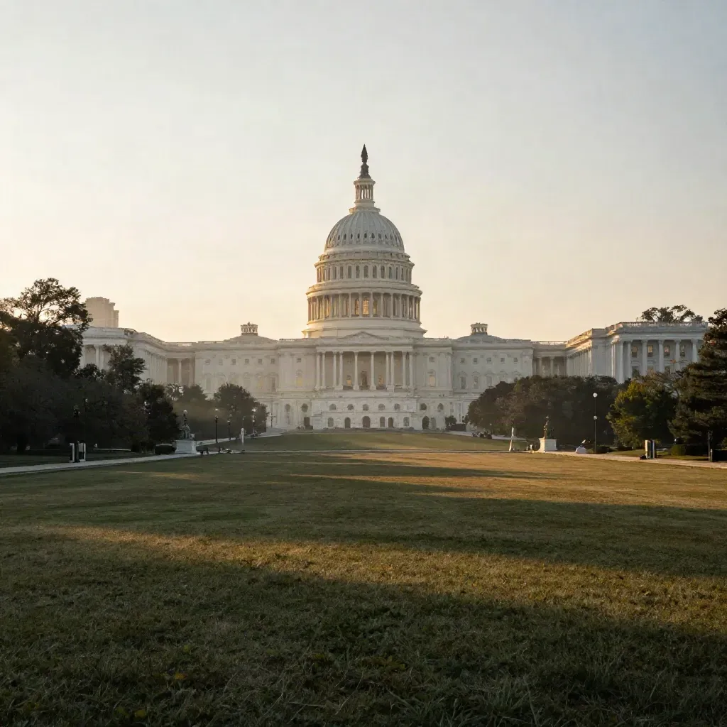 Capitol dome and monuments glowing in humid sunrise haze over the Mall