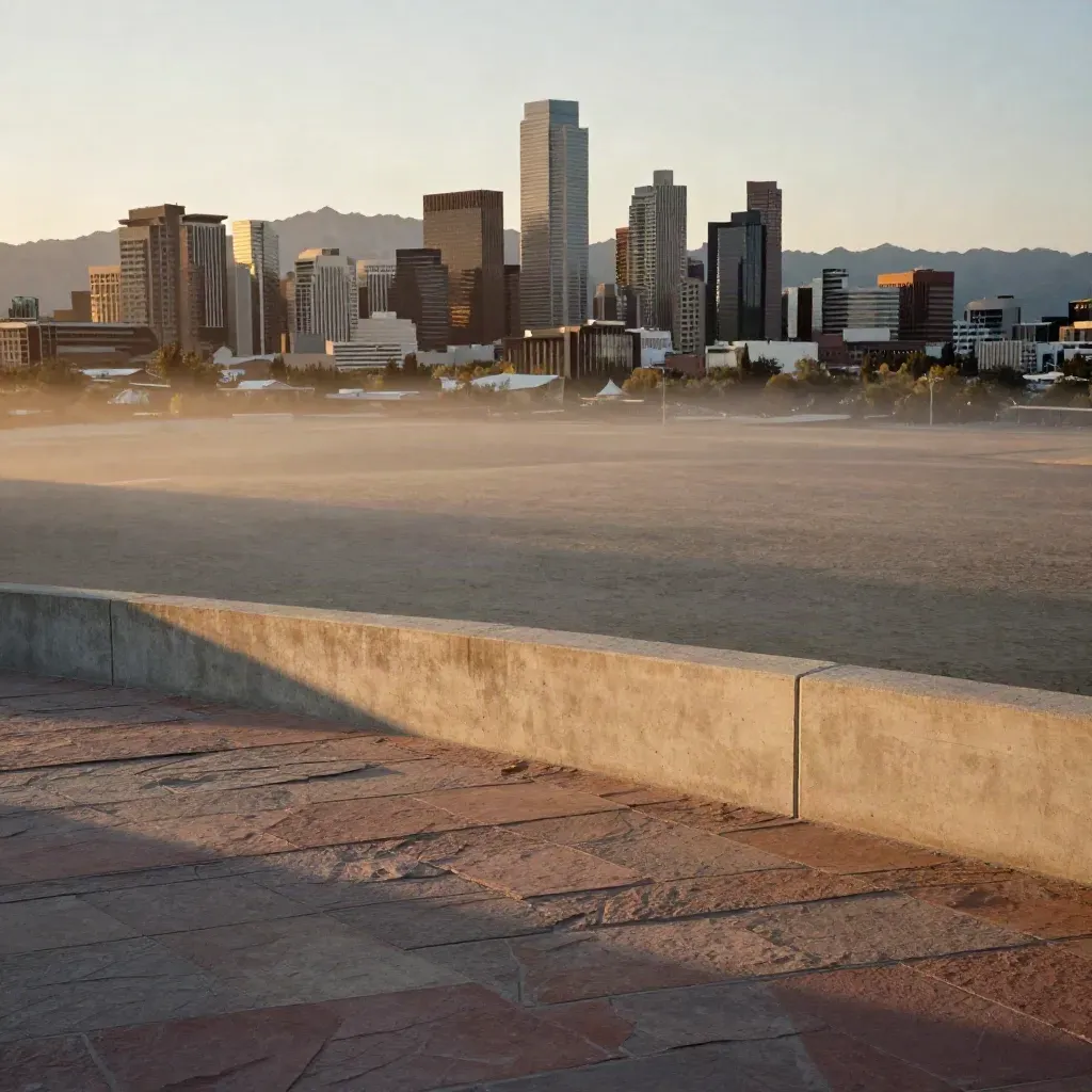 Denver skyline at amber dusk above a calm stone overlook with the Front Range in haze