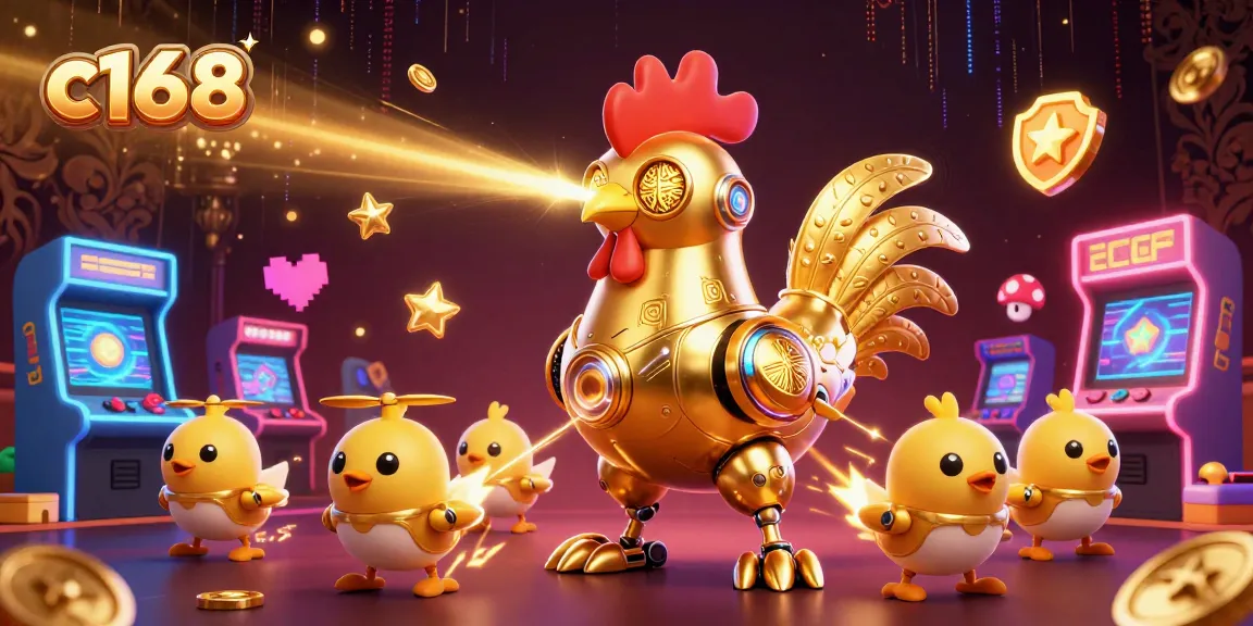 C168 engages players with a dynamic 3D scene featuring a futuristic golden rooster robot surrounded by vibrant casino elements.