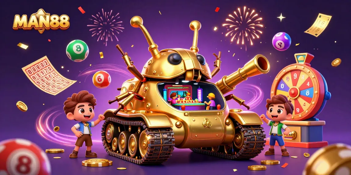Experience excitement with MAN88's vibrant casino scene featuring colorful lottery balls and games.