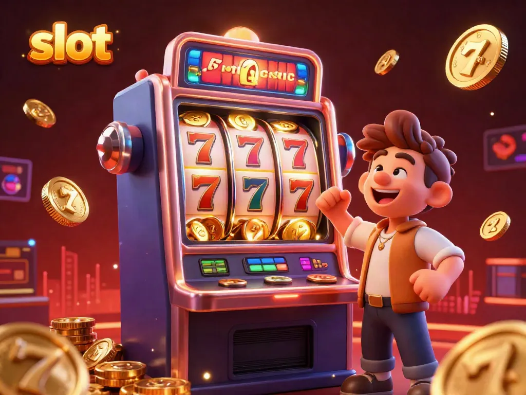 Experience the thrill of slot gaming with a dynamic slot machine and celebratory gambler in a vibrant casino.
